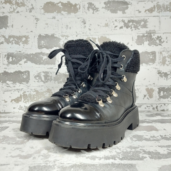 NEW Steve Madden Colleta Platform Black Leather Lace Up Boots W283 - Picture 2 of 9